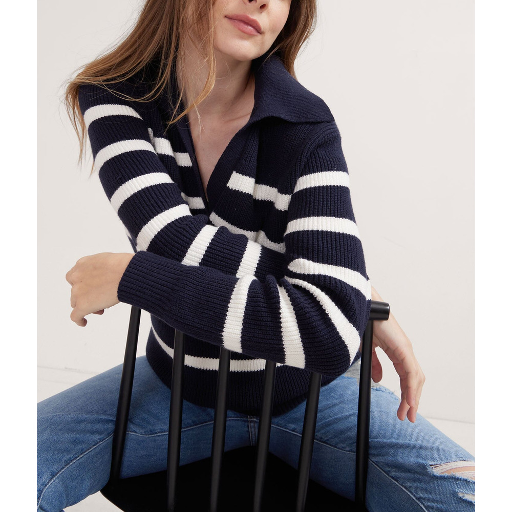 Hatch Navy and White Striped V-Neck Polo Sweater